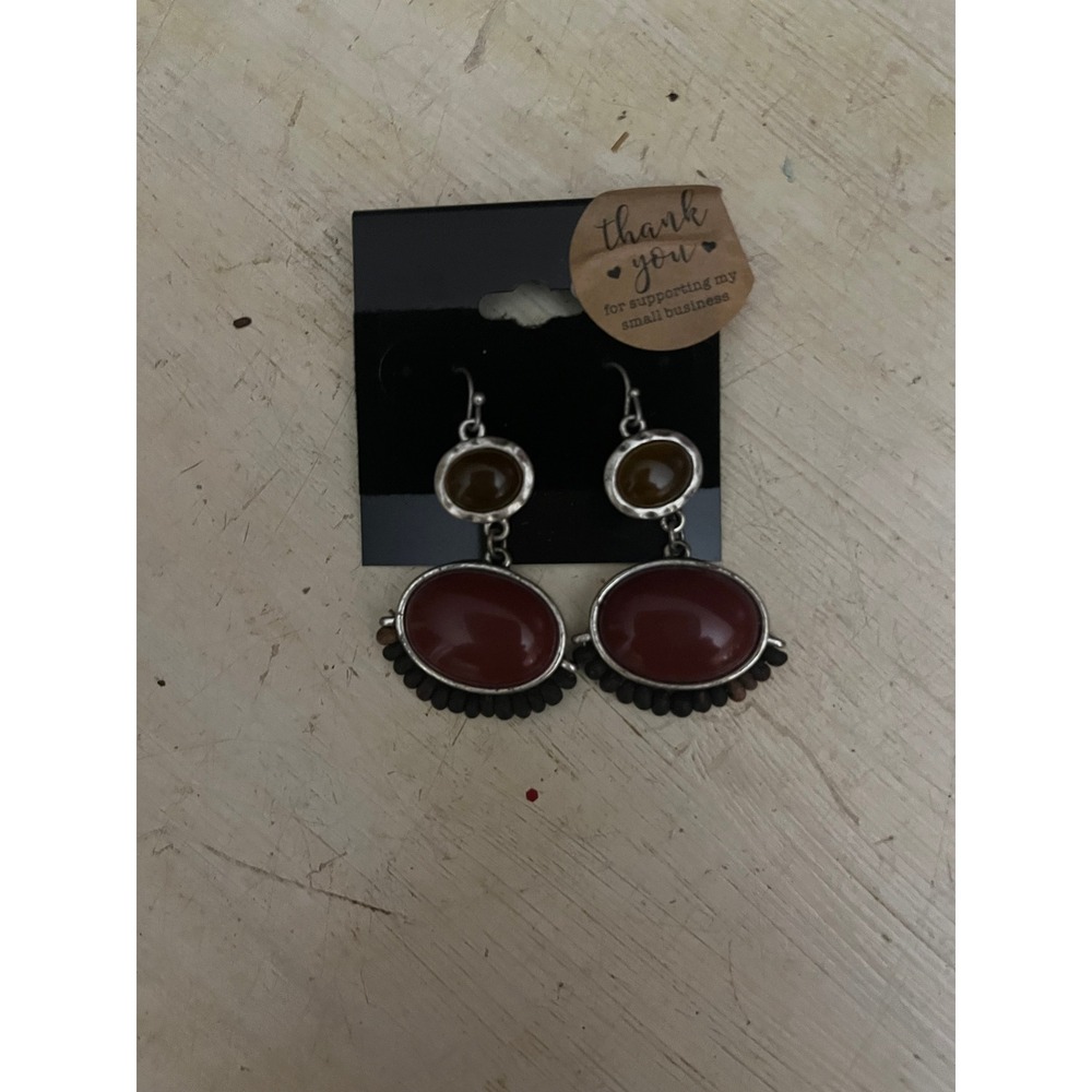 Dangle Earrings Red Brown‎ Oval Gemstones Silver Tone Beaded Accent